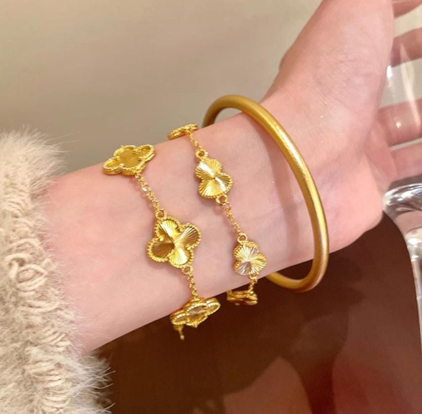 Premium Golden Van Cleef Inspired Clover Bracelet & Slick Bangle Combo